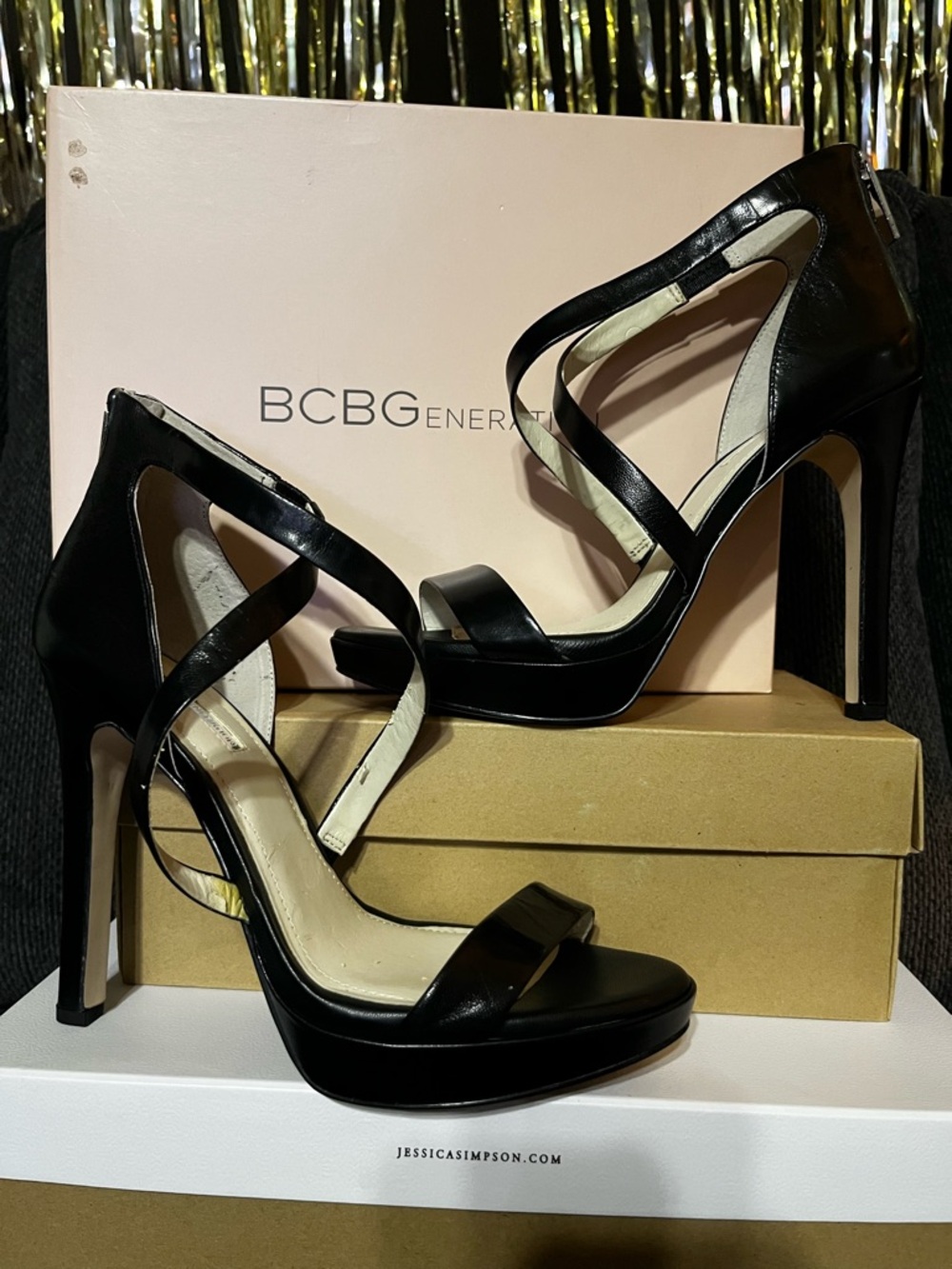 BCBGeneration Black Patent Leather Crisscross High Heel Sandals